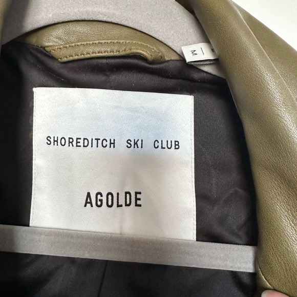 AGOLDE x SHOREDITCH SKI CLUB Cropped Leather Biker Jacket Remi Moto Olive Green - Picture 5 of 5